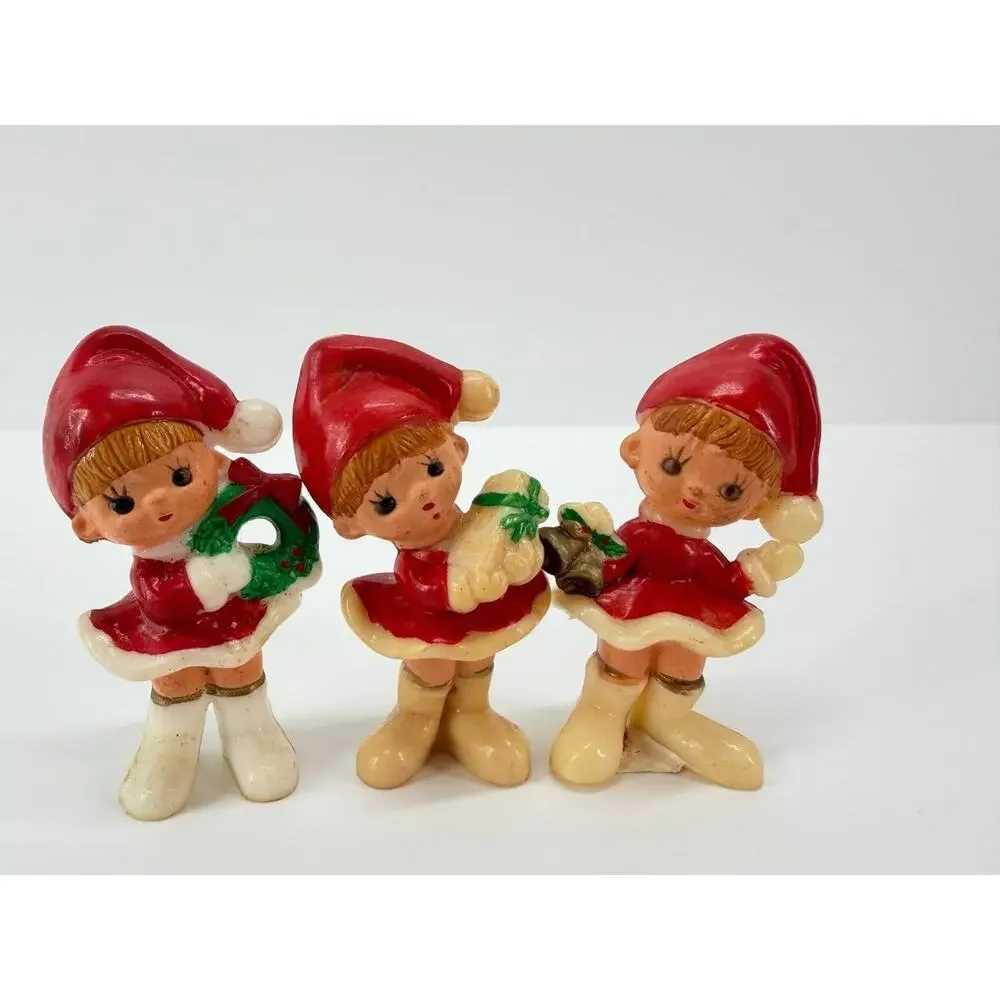 Vintage Hong Kong Plastic Christmas Girls Wreath Gift Box Bells Figurine Set